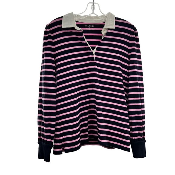 Talbots Women's Long Sleeve Striped Polo Top Black/Pink Size Small - Picture 1 of 8
